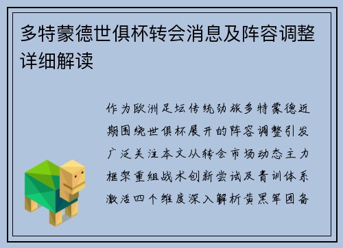 多特蒙德世俱杯转会消息及阵容调整详细解读