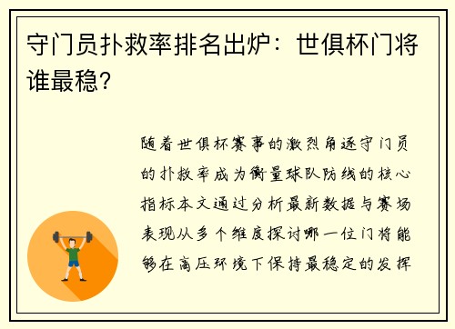 守门员扑救率排名出炉：世俱杯门将谁最稳？