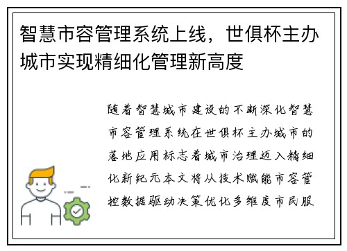 智慧市容管理系统上线，世俱杯主办城市实现精细化管理新高度