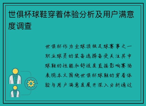 世俱杯球鞋穿着体验分析及用户满意度调查
