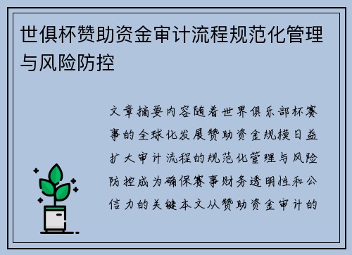 世俱杯赞助资金审计流程规范化管理与风险防控
