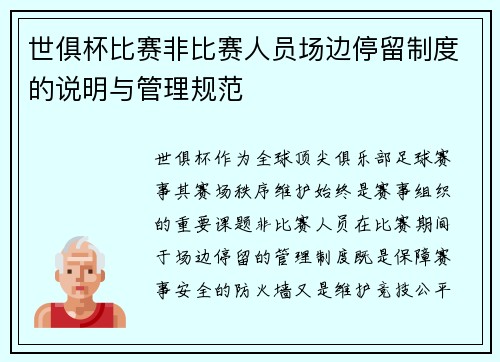 世俱杯比赛非比赛人员场边停留制度的说明与管理规范